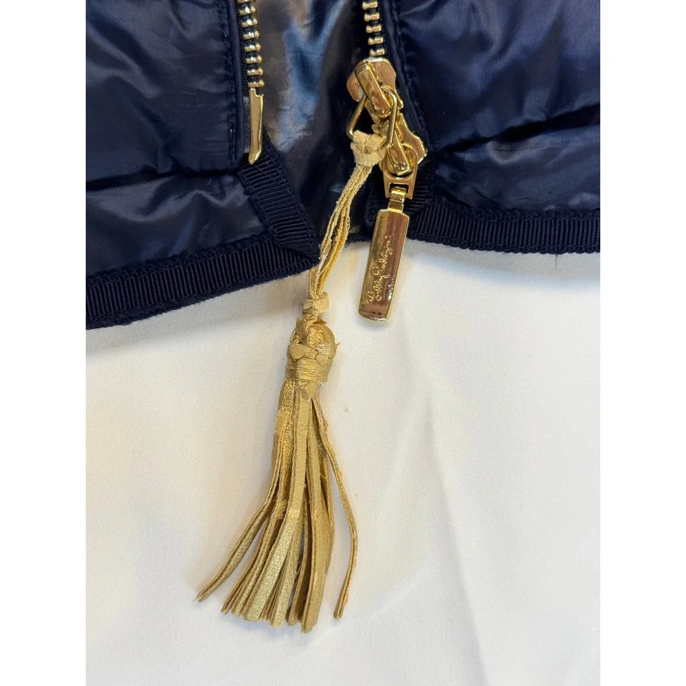 Lilly Pulitzer Navy Puffer Vest Floral Lining Down Fill Gold Tassel Small GUC
